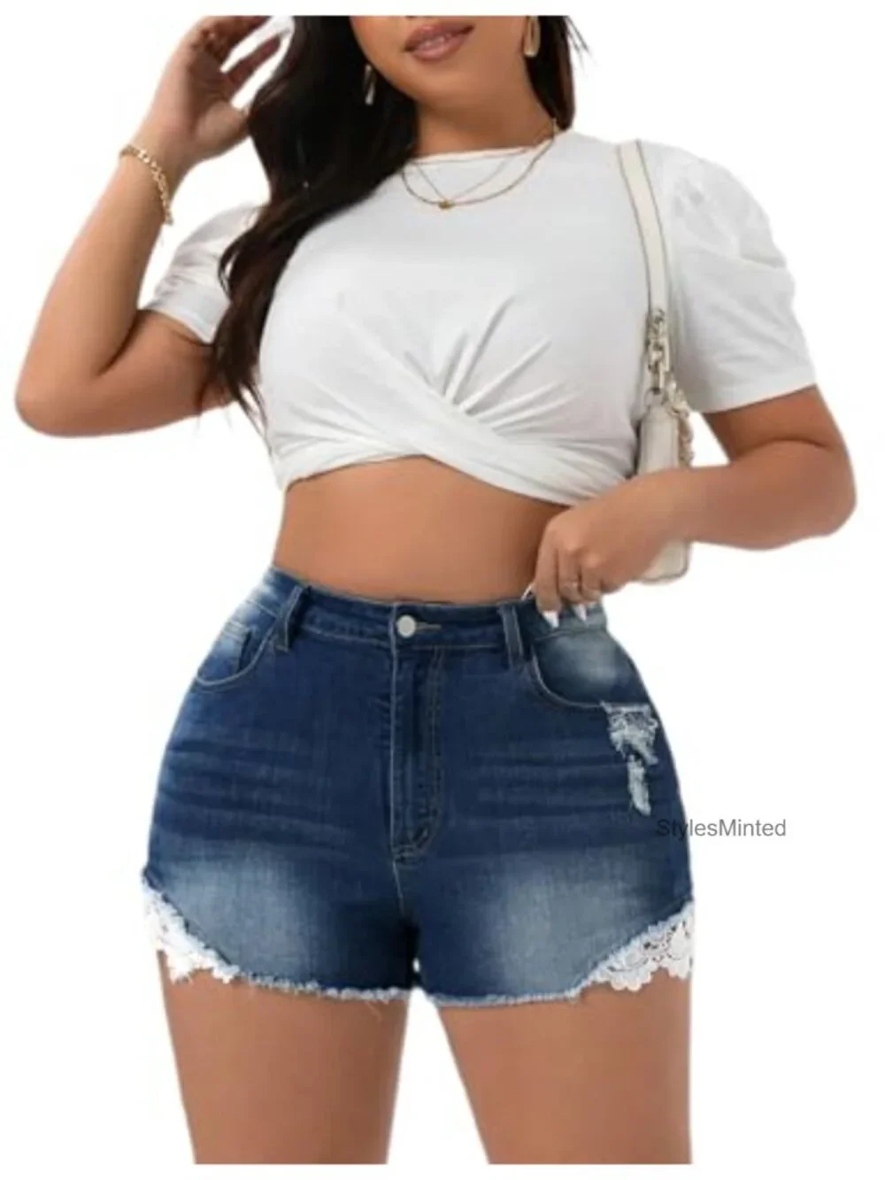 Women's Plus Size High Waisted Stretchy Distressed Denim Shorts with Frayed